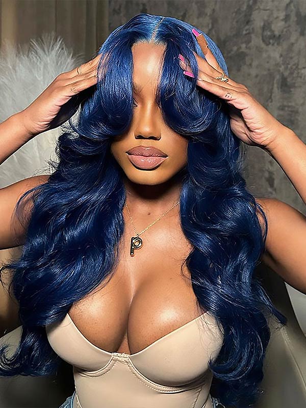 Junoda Curtain Bangs Body Wave Human Hair Wig Gorgeous Blue 13x4 Lace Front Wig junoda
