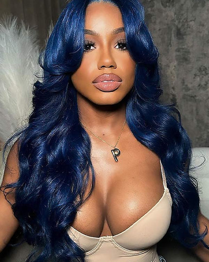 Junoda Curtain Bangs Body Wave Human Hair Wig Gorgeous Blue 13x4 Lace Front Wig junoda