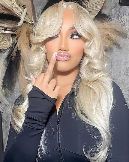 Junoda Curtain Bangs Wig 613 Blonde Human Hair Wig with Bangs 13x4 Lace Front Wig junoda