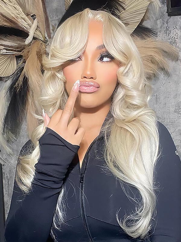 Junoda Curtain Bangs Wig 613 Blonde Human Hair Wig with Bangs 13x4 Lace Front Wig junoda