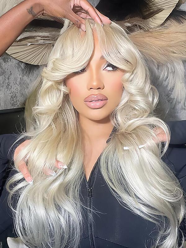 Junoda Curtain Bangs Wig 613 Blonde Human Hair Wig with Bangs 13x4 Lace Front Wig junoda