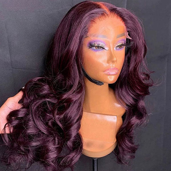 Junoda Dark Purple Plum Color Body Wave Human Hair Wigs Transparent Lace Frontal Wig junoda