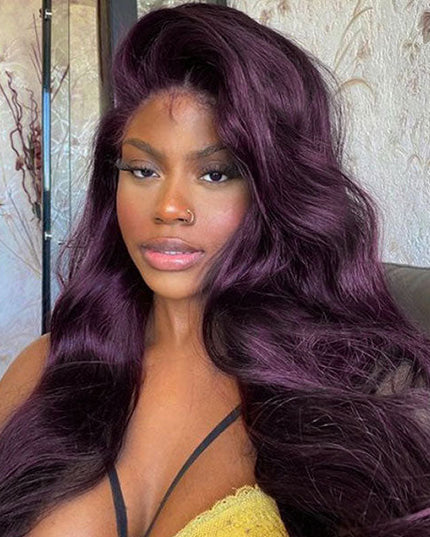 Junoda Dark Purple Plum Color Body Wave Human Hair Wigs Transparent Lace Frontal Wig junoda