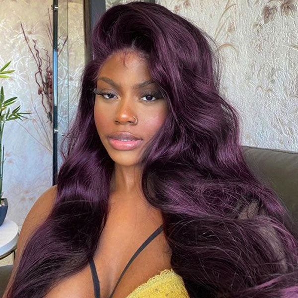 Junoda Dark Purple Plum Color Body Wave Human Hair Wigs Transparent Lace Frontal Wig junoda