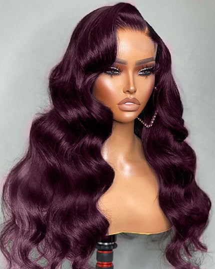 Junoda Dark Purple Plum Color Body Wave Human Hair Wigs Transparent Lace Frontal Wig junoda