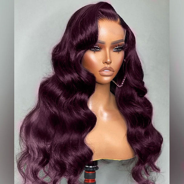 Junoda Dark Purple Plum Color Body Wave Human Hair Wigs Transparent Lace Frontal Wig junoda