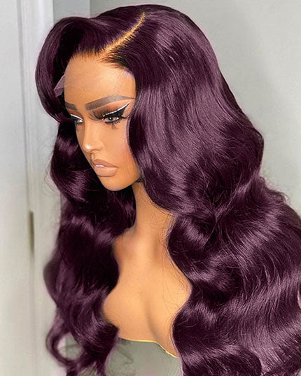 Junoda Dark Purple Plum Color Body Wave Human Hair Wigs Transparent Lace Frontal Wig junoda