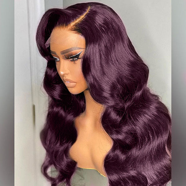 Junoda Dark Purple Plum Color Body Wave Human Hair Wigs Transparent Lace Frontal Wig junoda