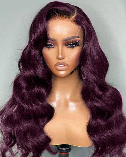 Junoda Dark Purple Plum Color Body Wave Human Hair Wigs Transparent Lace Frontal Wig junoda