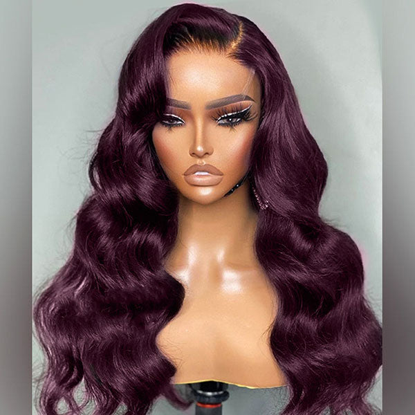 Junoda Dark Purple Plum Color Body Wave Human Hair Wigs Transparent Lace Frontal Wig junoda