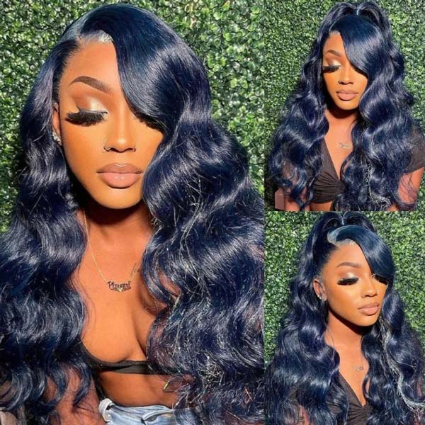 Junoda Dark Silver Blue Colored Human Hair Wigs Loose Deep Body Wave Lace Front Wig junoda