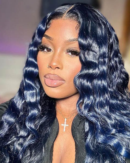 Junoda Dark Silver Blue Colored Human Hair Wigs Loose Deep Body Wave Lace Front Wig junoda