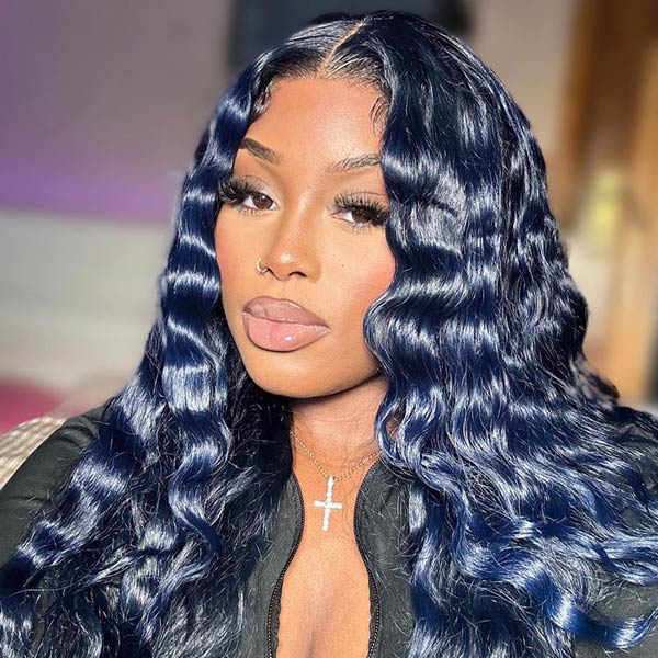 Junoda Dark Silver Blue Colored Human Hair Wigs Loose Deep Body Wave Lace Front Wig junoda