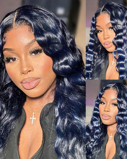 Junoda Dark Silver Blue Colored Human Hair Wigs Loose Deep Body Wave Lace Front Wig junoda