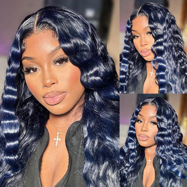 Junoda Dark Silver Blue Colored Human Hair Wigs Loose Deep Body Wave Lace Front Wig junoda