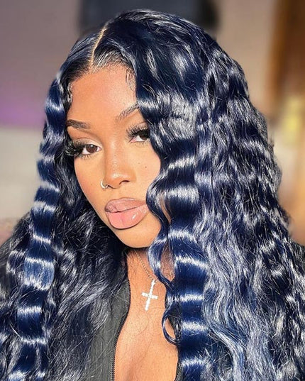 Junoda Dark Silver Blue Colored Human Hair Wigs Loose Deep Body Wave Lace Front Wig junoda