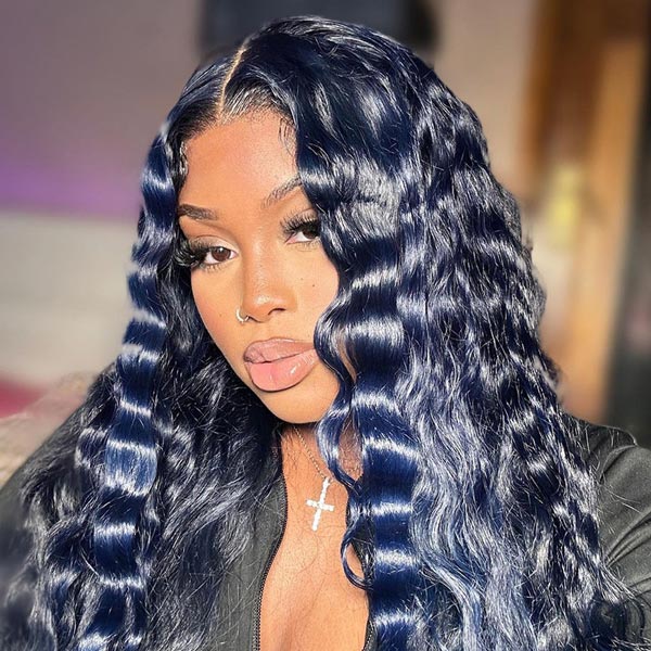 Junoda Dark Silver Blue Colored Human Hair Wigs Loose Deep Body Wave Lace Front Wig junoda