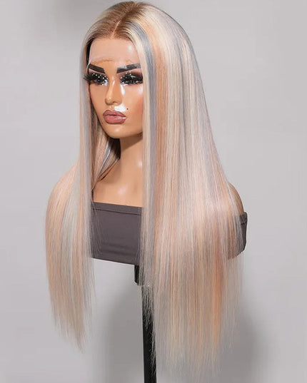 Junoda Glossy Blonde With Silver Highlight Straight 13x4 Lace Front Wig Bratz Doll Vibes Inspired junoda
