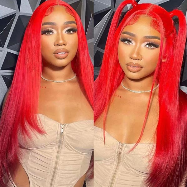 Junoda Gorgeous Party Red Color Straight Human Hair Wigs 4x4 13x4 Lace Closure Wig junoda