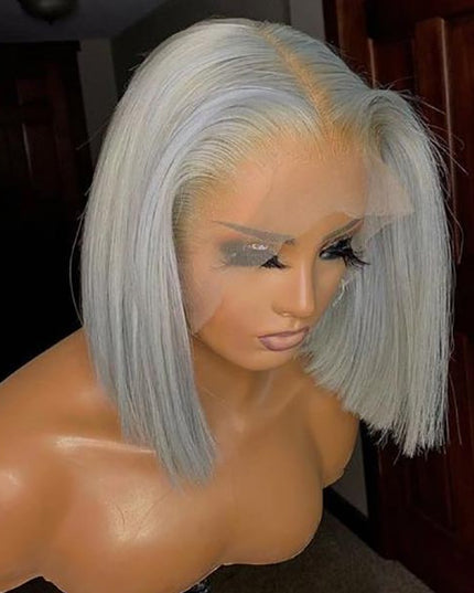 Junoda Grey Blunt Cut Bob Wig Short Colored Straight Human Hair Wigs Transparent Lace Wig junoda