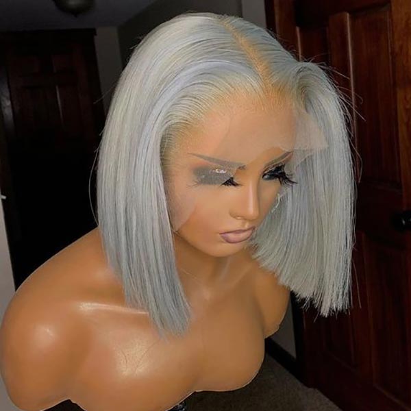 Junoda Grey Blunt Cut Bob Wig Short Colored Straight Human Hair Wigs Transparent Lace Wig junoda