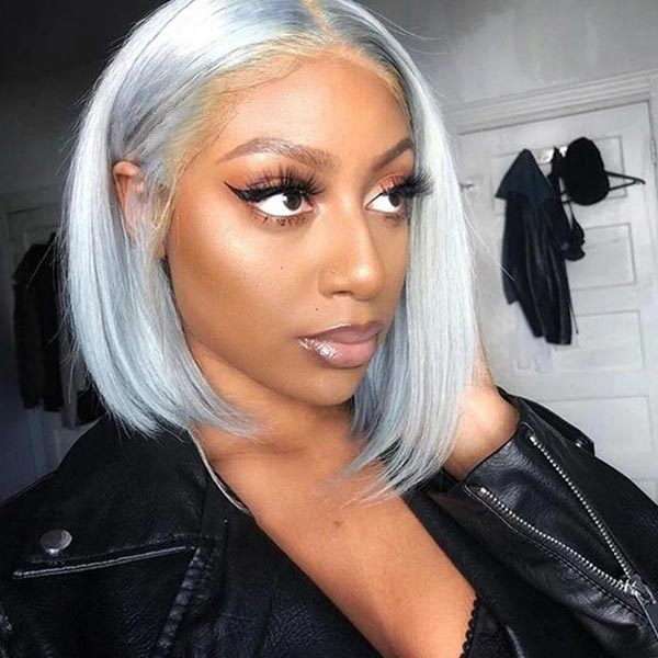 Junoda Grey Blunt Cut Bob Wig Short Colored Straight Human Hair Wigs Transparent Lace Wig junoda
