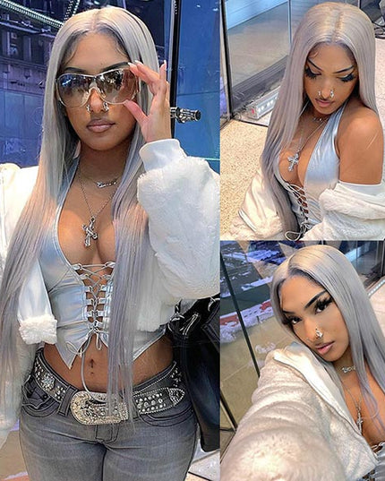 Junoda Grey Human Hair Wig From Short to Long Straight Sliver Grey Lace Front Wig junoda