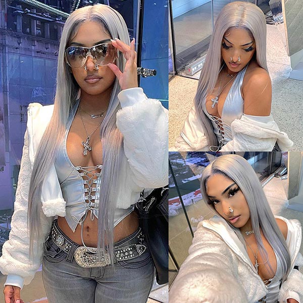 Junoda Grey Human Hair Wig From Short to Long Straight Sliver Grey Lace Front Wig junoda