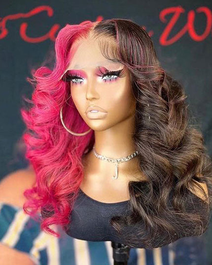 Junoda Half Rose Pink Half Black Color Body Wave Lace Front Human Hair Wig For Women junoda