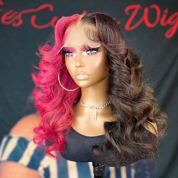 Junoda Half Rose Pink Half Black Color Body Wave Lace Front Human Hair Wig For Women junoda