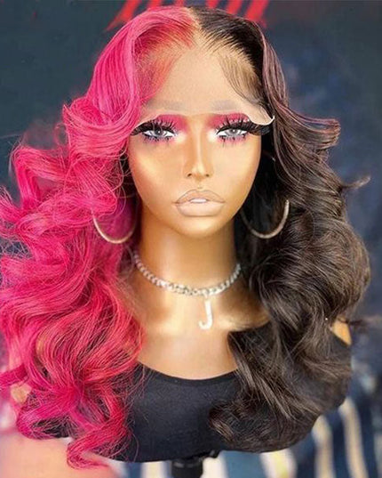 Junoda Half Rose Pink Half Black Color Body Wave Lace Front Human Hair Wig For Women junoda