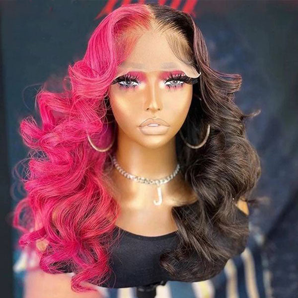 Junoda Half Rose Pink Half Black Color Body Wave Lace Front Human Hair Wig For Women junoda