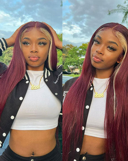 Junoda Highlight 613 Blonde Skunk Stripe with 99j Burgundy Red Straight Colored Human Hair Wigs junoda