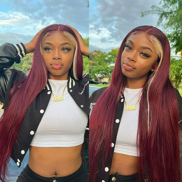 Junoda Highlight 613 Blonde Skunk Stripe with 99j Burgundy Red Straight Colored Human Hair Wigs junoda
