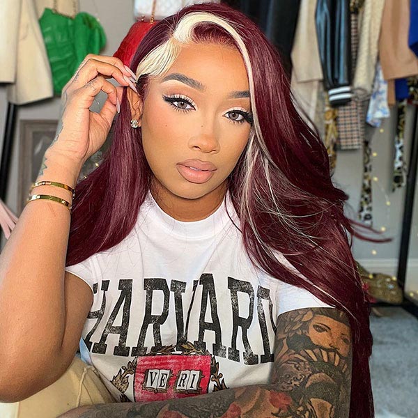 Junoda Highlight 613 Blonde Skunk Stripe with 99j Burgundy Red Straight Colored Human Hair Wigs junoda