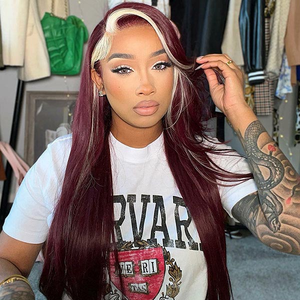 Junoda Highlight 613 Blonde Skunk Stripe with 99j Burgundy Red Straight Colored Human Hair Wigs junoda