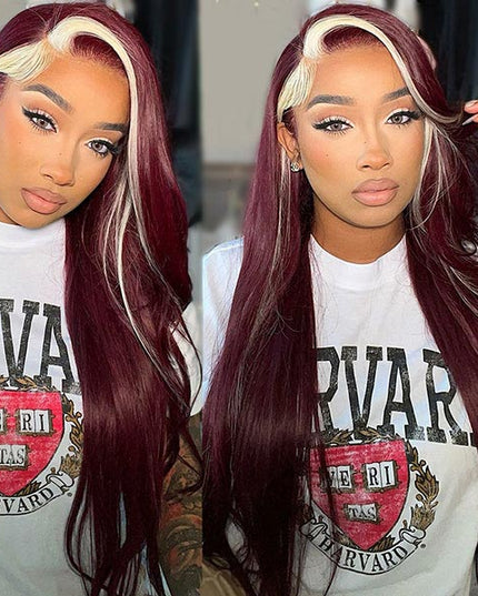 Junoda Highlight 613 Blonde Skunk Stripe with 99j Burgundy Red Straight Colored Human Hair Wigs junoda
