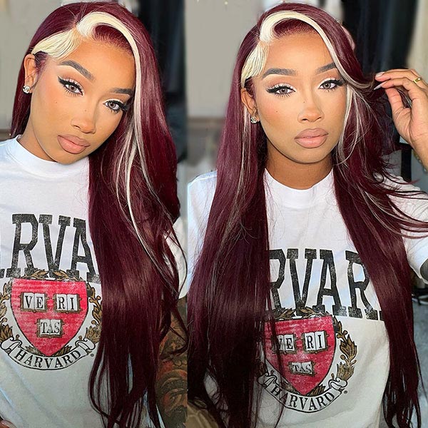 Junoda Highlight 613 Blonde Skunk Stripe with 99j Burgundy Red Straight Colored Human Hair Wigs junoda