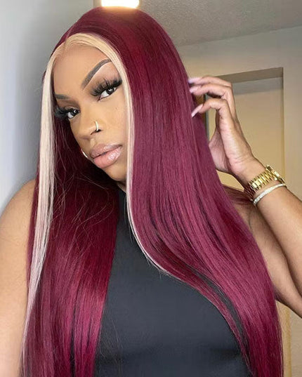 Junoda Highlight 613 Blonde Skunk Stripe with 99j Burgundy Red Straight Colored Human Hair Wigs junoda