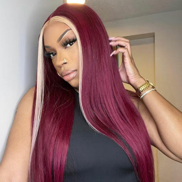 Junoda Highlight 613 Blonde Skunk Stripe with 99j Burgundy Red Straight Colored Human Hair Wigs junoda
