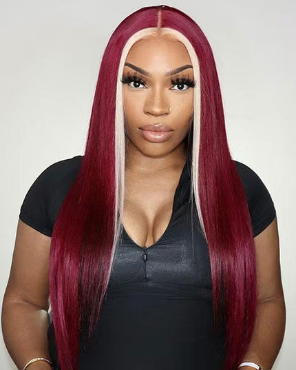 Junoda Highlight 613 Blonde Skunk Stripe with 99j Burgundy Red Straight Colored Human Hair Wigs junoda