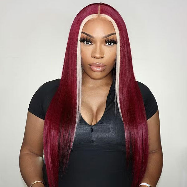 Junoda Highlight 613 Blonde Skunk Stripe with 99j Burgundy Red Straight Colored Human Hair Wigs junoda