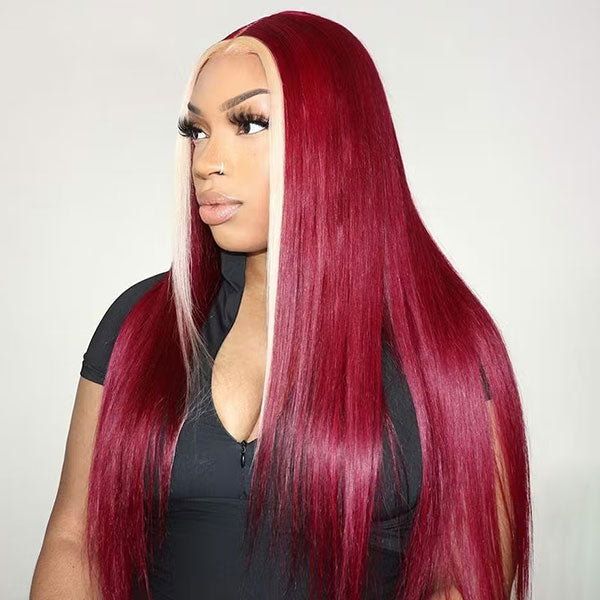 Junoda Highlight 613 Blonde Skunk Stripe with 99j Burgundy Red Straight Colored Human Hair Wigs junoda