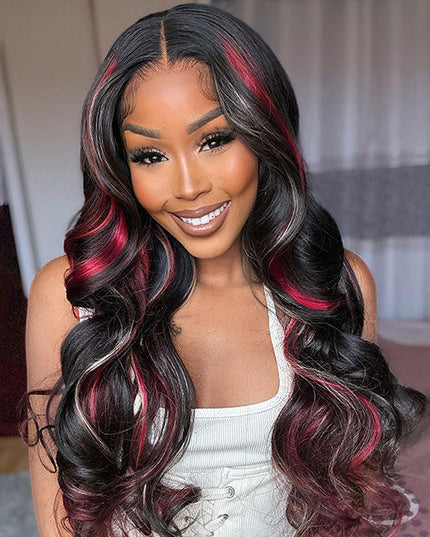 Junoda Highlight Blonde Red with Black Loose Wave Colored Human Hair Lace Front Wig junoda