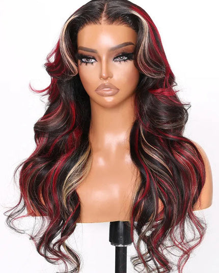Junoda Highlight Blonde Red with Black Loose Wave Colored Human Hair Lace Front Wig junoda