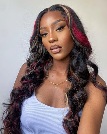 Junoda Highlight Blonde Red with Black Loose Wave Colored Human Hair Lace Front Wig junoda