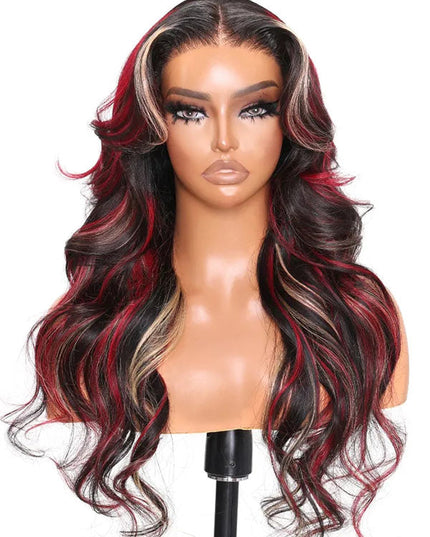 Junoda Highlight Blonde Red with Black Loose Wave Colored Human Hair Lace Front Wig junoda