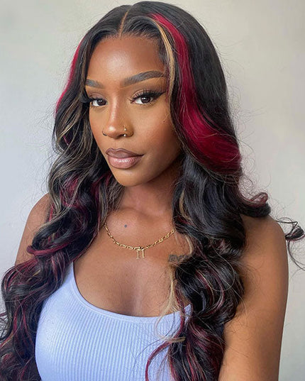 Junoda Highlight Blonde Red with Black Loose Wave Colored Human Hair Lace Front Wig junoda