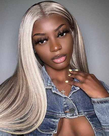 Junoda Highlight Blonde on Brown Hair Straight Ash Blonde Colored Human Hair Wigs junoda