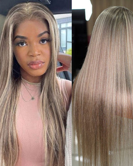 Junoda Highlight Blonde on Brown Hair Straight Ash Blonde Colored Human Hair Wigs junoda